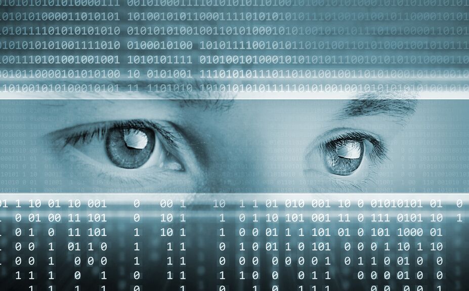 high-tech technology background with eyes on computer display